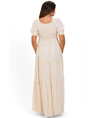 Pinkblush Maternity Cream V-Neck Smocked Tiered Maxi Dresses