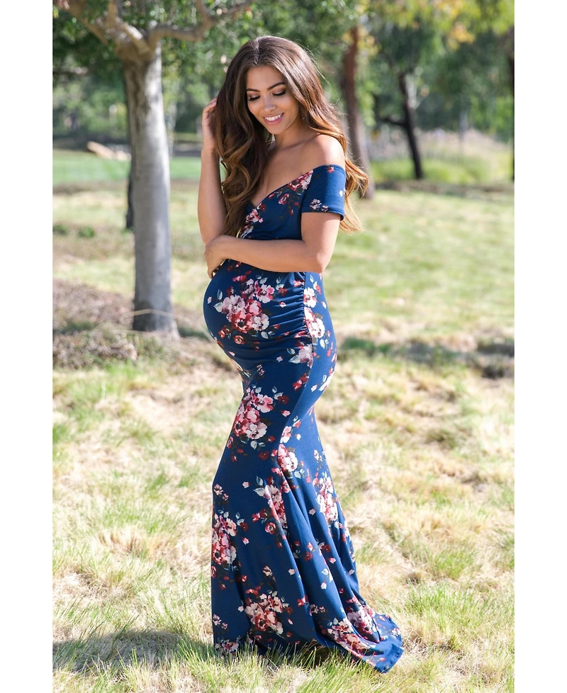 Pinkblush Maternity Navy Floral Off Shoulder Wrap Photoshoot Gown/Dress