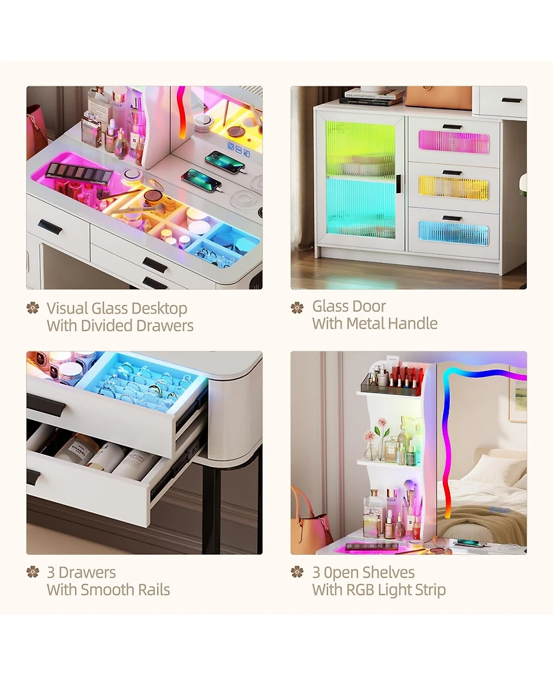 Vlsrka Lvifur Rgb Makeup Vanity Desk with Lights, Glass Top Table
