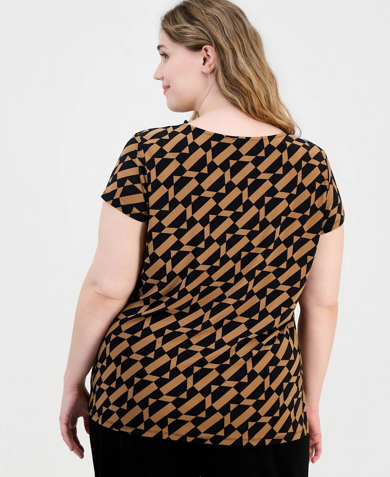 Anne Klein Essentials Plus Printed V-Neck Cap-Sleeve Top