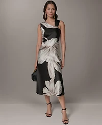 Donna Karan New York Women's Sleeveless Asymmetrical Neck Floral Midi Dress