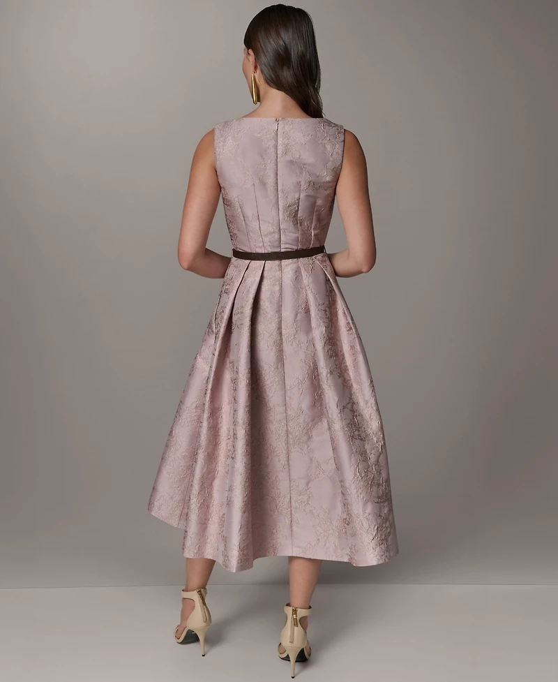 Donna Karan New York Women's Jacquard Asymmetrical Neck Fit & Flare Dress with Belt