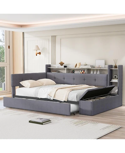 Streamdale Furniture Upholstered Daybed with Trundle, Storage, Usb, Led Lights