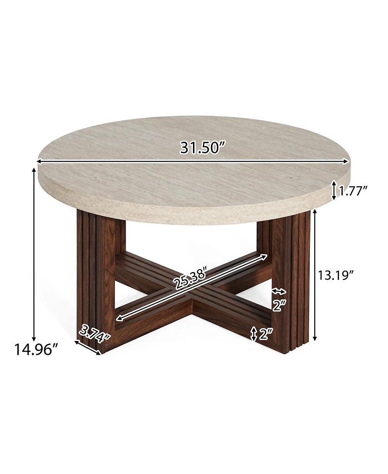 Streamdale Furniture Round Coffee Table Marble Pattern Top, Cross Base, Modern Center Table