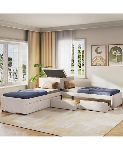 Streamdale Furniture L-Shaped Upholstered Twin Platform Bed with Trundle, Drawers, and Desk