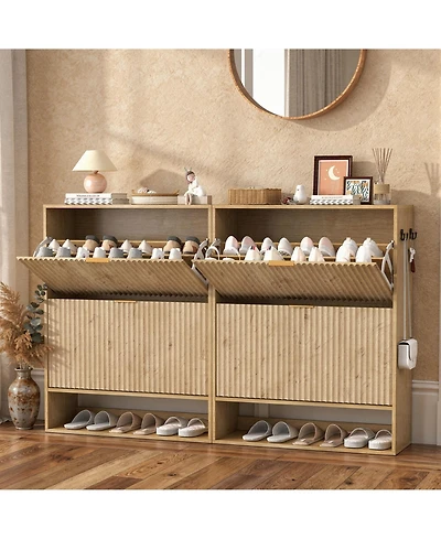 homfan 2 Set of Fluted Shoe Cabinet for Entryway, Freestanding Narrow Shoe Storage with 2 Flip Drawers, Open Bottom Shelf