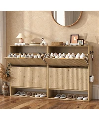 homfan 2 Set of Fluted Shoe Cabinet for Entryway, Freestanding Narrow Shoe Storage with 2 Flip Drawers, Open Bottom Shelf