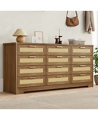 homfan 12-Drawer Rattan Dresser, Modern Chest of Drawers with Panels, Storage Organizer for Bedroom Nursery Entryway Living Room