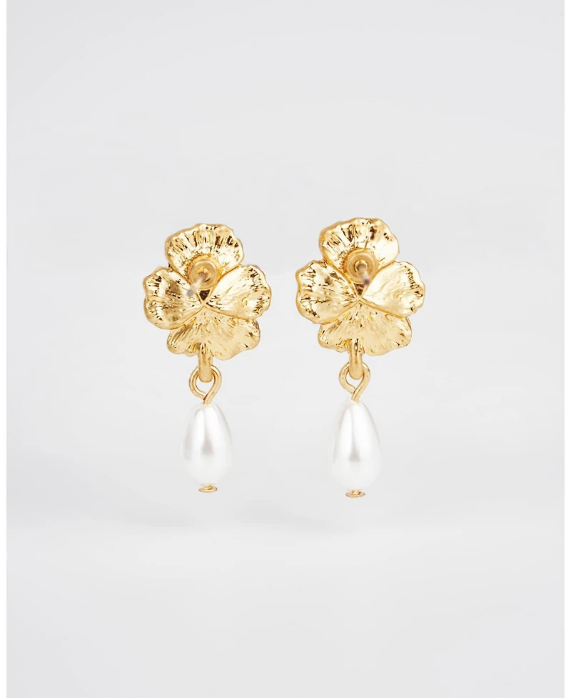 Fable England Gold Pansy and Pearl Drop Stud Earrings