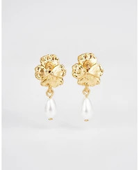 Fable England Gold Pansy and Pearl Drop Stud Earrings