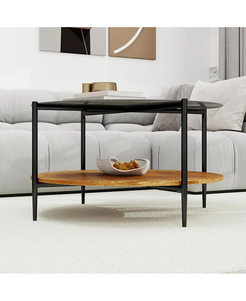 Streamdale Furniture Mid-Century Modern Round Glass Coffee Table with Storage Shelf, 32.28
