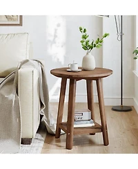 Tribesigns Solid Wood Round Side Table, 2-Tier Small End Table with Storage Shelf