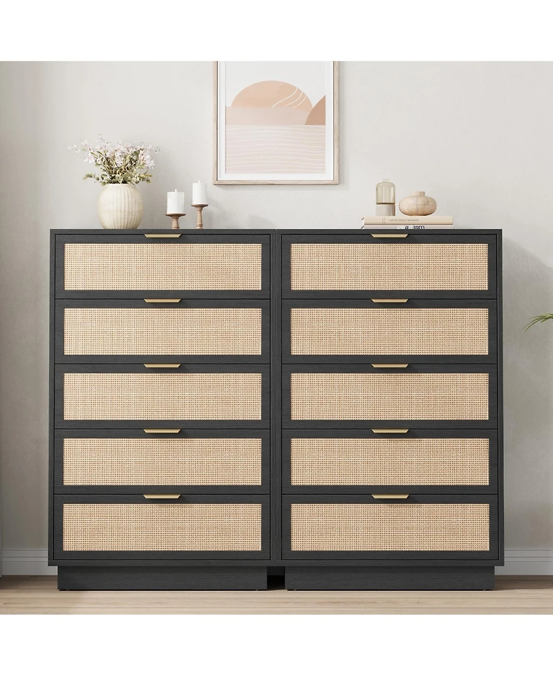 homfan 5-Drawer Tall Rattan Dresser with Integrated Legs, 47" Boho Chest for Bedroom Hallway Entryway Closet