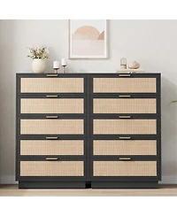homfan 5-Drawer Tall Rattan Dresser with Integrated Legs, 47" Boho Chest for Bedroom Hallway Entryway Closet