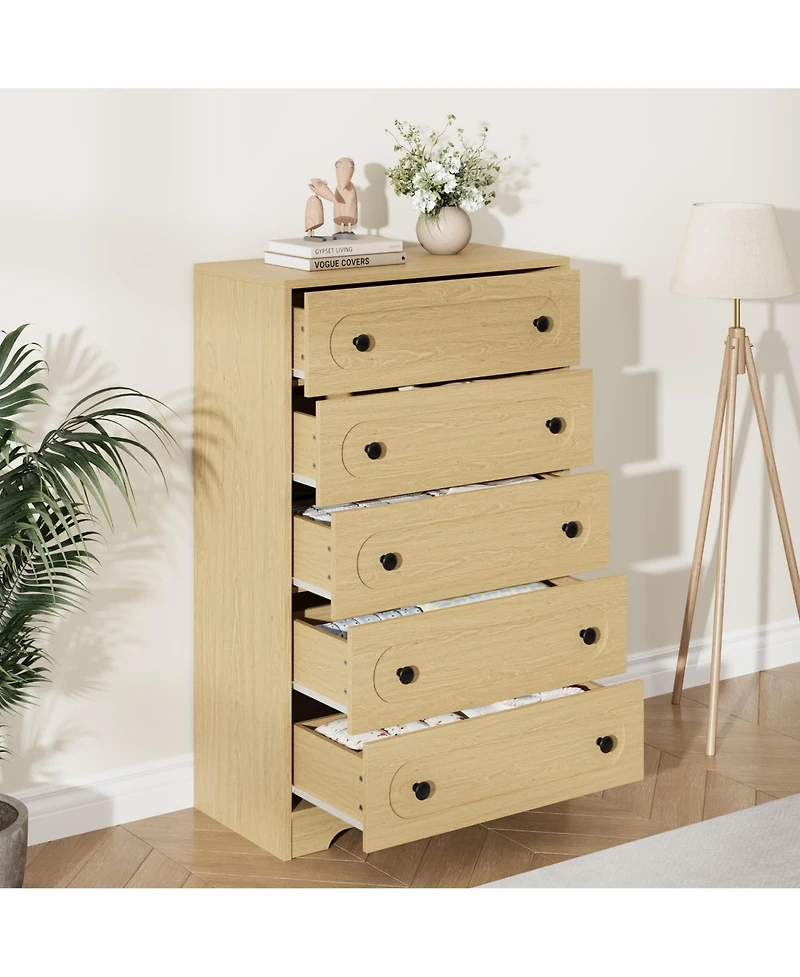 homfan 5-Drawer Tall Dresser with Deep Drawers and Metal Knobs, Mid Century Modern Chest for Bedroom Living Room Entryway