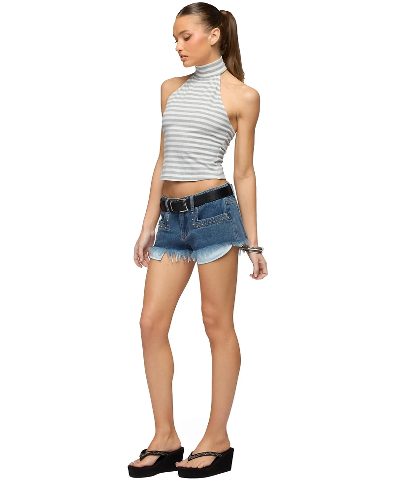 Edikted Women's Meshy Studded Denim Micro Shorts