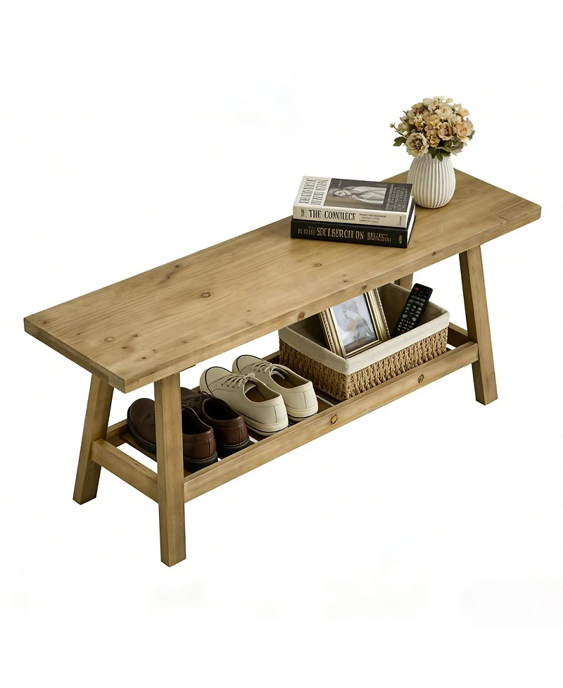 Streamdale Furniture 43" Farmhouse Wood Bench, 2-Tier Entryway Storage (Distressed Wood)