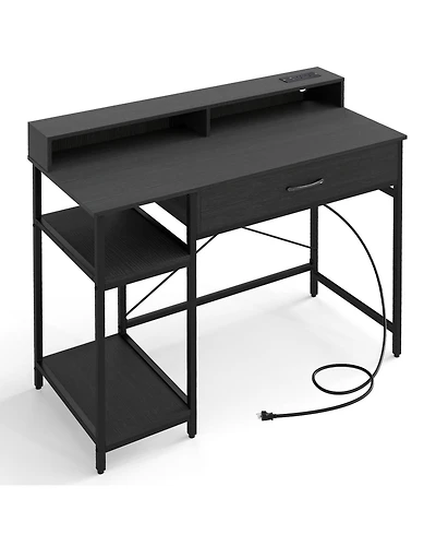 Slickblue 42 Inch Computer Desk with Power Outlets and Storage Hutch
