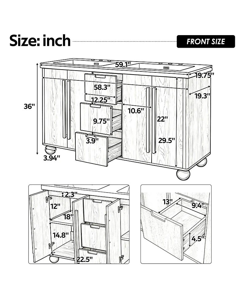 Sillysis 59 Inch Double Sink Bathroom Vanity with Resin Top, Wood Grain Freestanding Cabinet, Soft Close Drawers, Adjustable Shelves