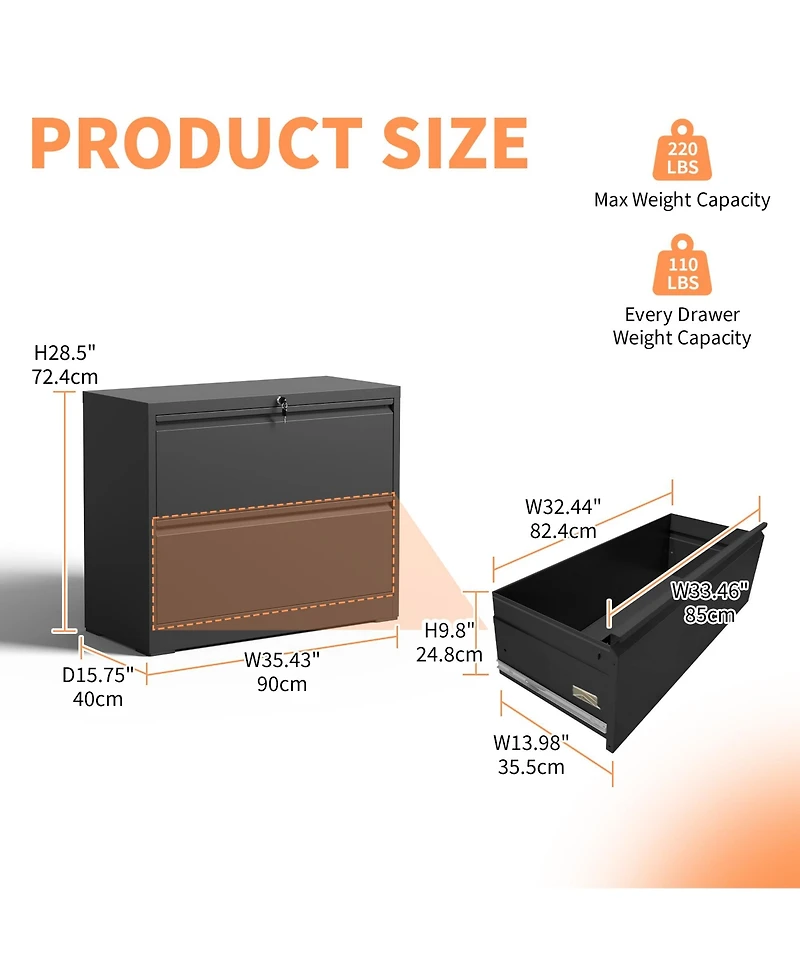 Viyet 35" Lateral File Cabinet - 2 Drawer Metal Locking Storage for Legal and Letter Files