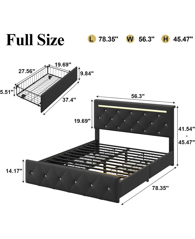 Lucky One Full Size Bed Frame with Led Light and 4 Storage Drawers