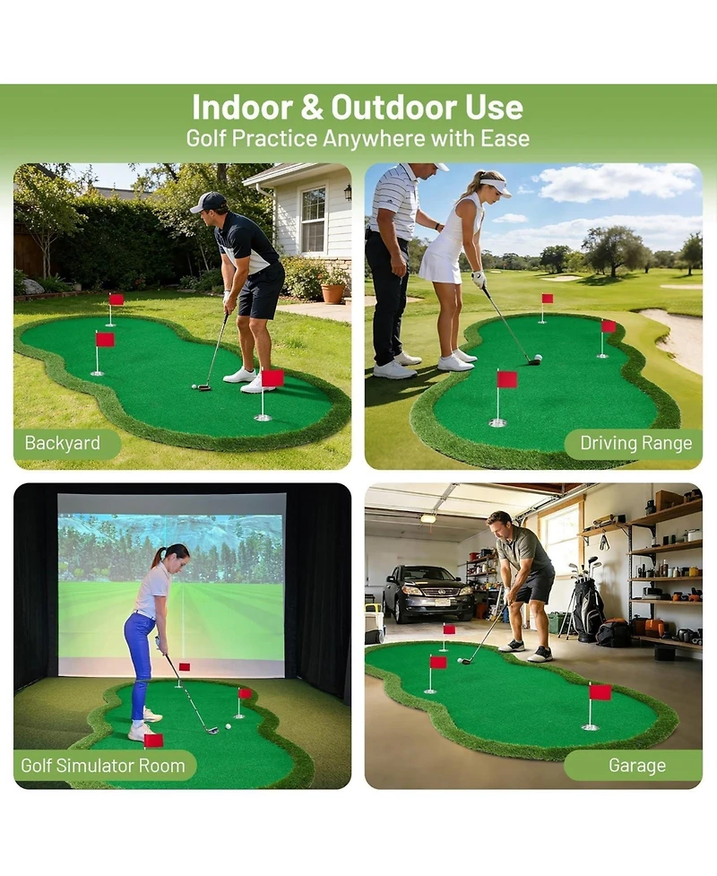 Xo Golf Putting, Thick Turf Practice Mat with 3 Holes and Flags for Indoor Outdoor Home Office Training
