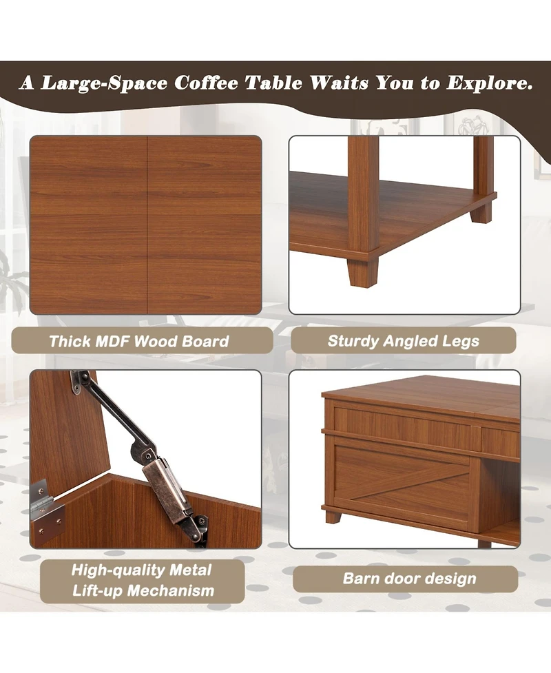 Rainsken Lift-Top Coffee Table, with Hidden Compartment, Open Shelf, and Adjustable Desktop, for Living Room Office
