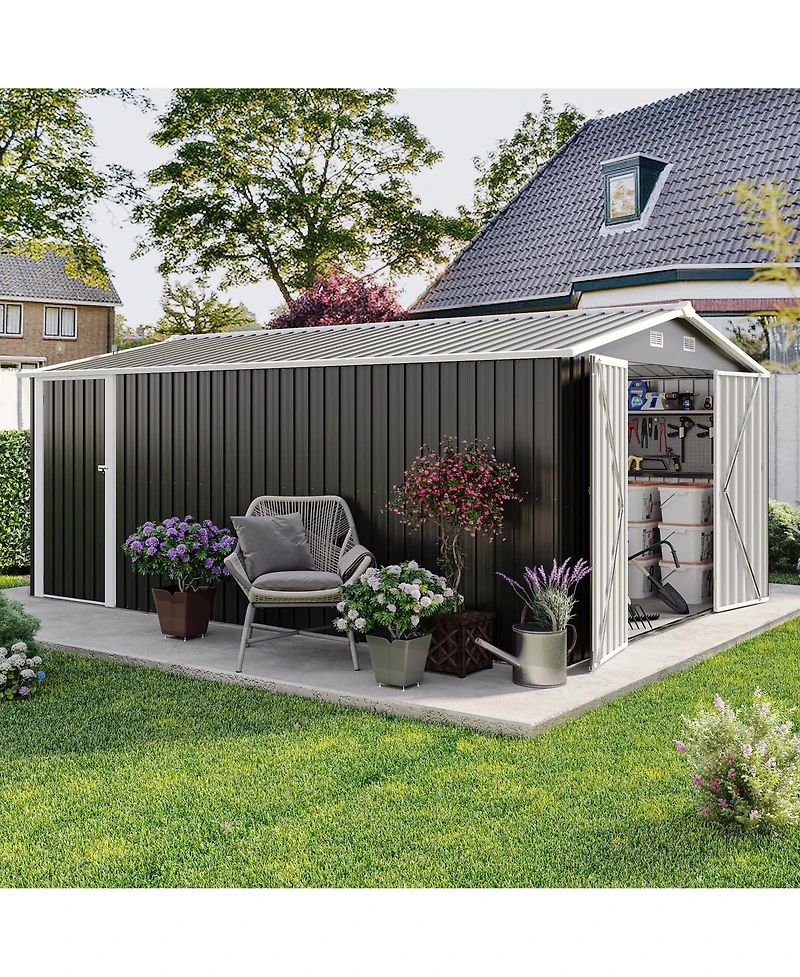 Mondawe 10 x 14 feet Outdoor Metal Storage Shed with 3 Lockable Doors Vents Sloped Roof