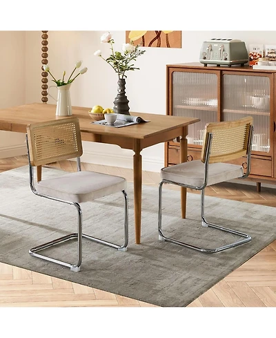 Rainsken Dining Chairs Set of 2, Velvet Upholstered Kitchen with Rattan Cane Back and Stainless Chrome Base for Room