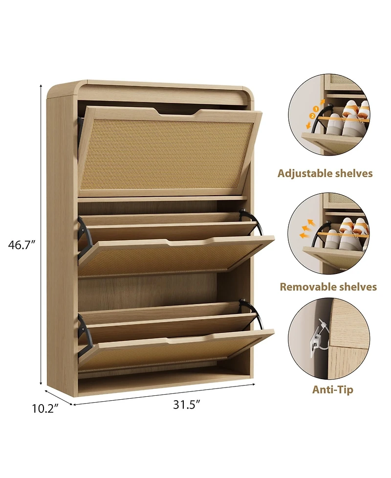 homfan Rattan Shoe Cabinet with 3 Flip Drawers, Slim and Narrow Wood Storage for Entryway, Adjustable Removable Shelves, Boho Hallway Organizer