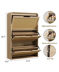 homfan Rattan Shoe Cabinet with 3 Flip Drawers, Slim and Narrow Wood Storage for Entryway, Adjustable Removable Shelves, Boho Hallway Organizer