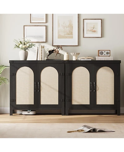 homfan Set of 2 Rattan Sideboard Buffet Cabinets, 31" Farmhouse Wooden Coffee Bar Console with Adjustable Shelves & Doors for Living Room