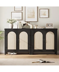 homfan Set of 2 Rattan Sideboard Buffet Cabinets, 31" Farmhouse Wooden Coffee Bar Console with Adjustable Shelves & Doors for Living Room