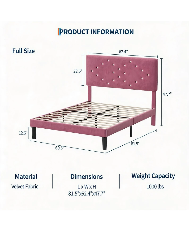 homfan Modern soft Upholstered Queen Platform Bed Frame, Tufted Headboard, Sturdy Wood Slats, No Box Spring Needed, Easy Assembly