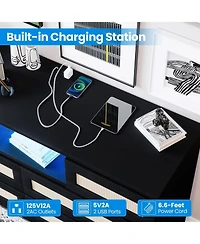 homfan Rattan 6-Drawer Dresser with Led Lights and Charging Station, 47 Wide Storage Cabinet for Bedroom, Living Room, Entryway
