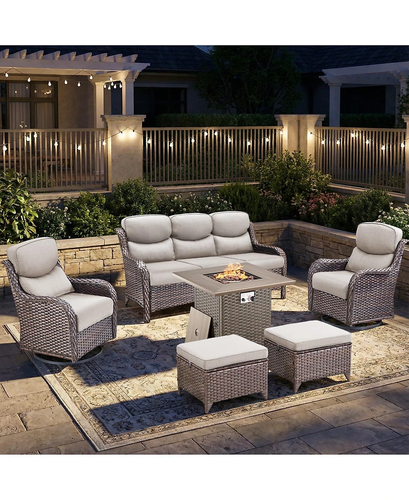 Pocassy Patio Furniture Set with Fire Pit Table-6 Piece All Weather Wicker Outdoor High Back Swivel Chairs Couch