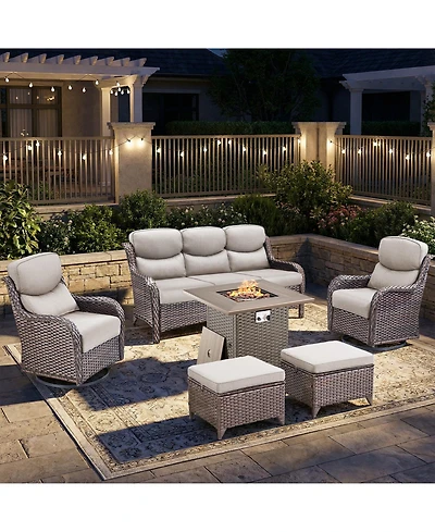 Pocassy Patio Furniture Set with Fire Pit Table-6 Piece All Weather Wicker Outdoor High Back Swivel Chairs Couch