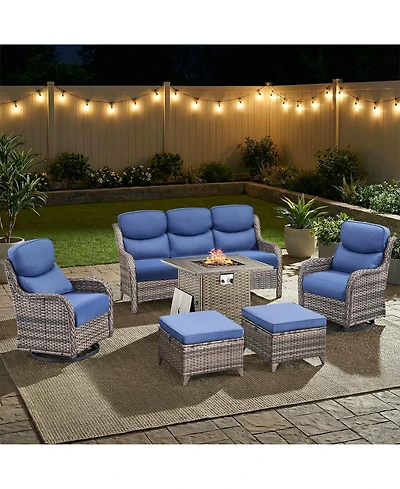 Pocassy Patio Furniture Set with Fire Pit Table-6 Piece All Weather Wicker Outdoor High Back Swivel Chairs Couch
