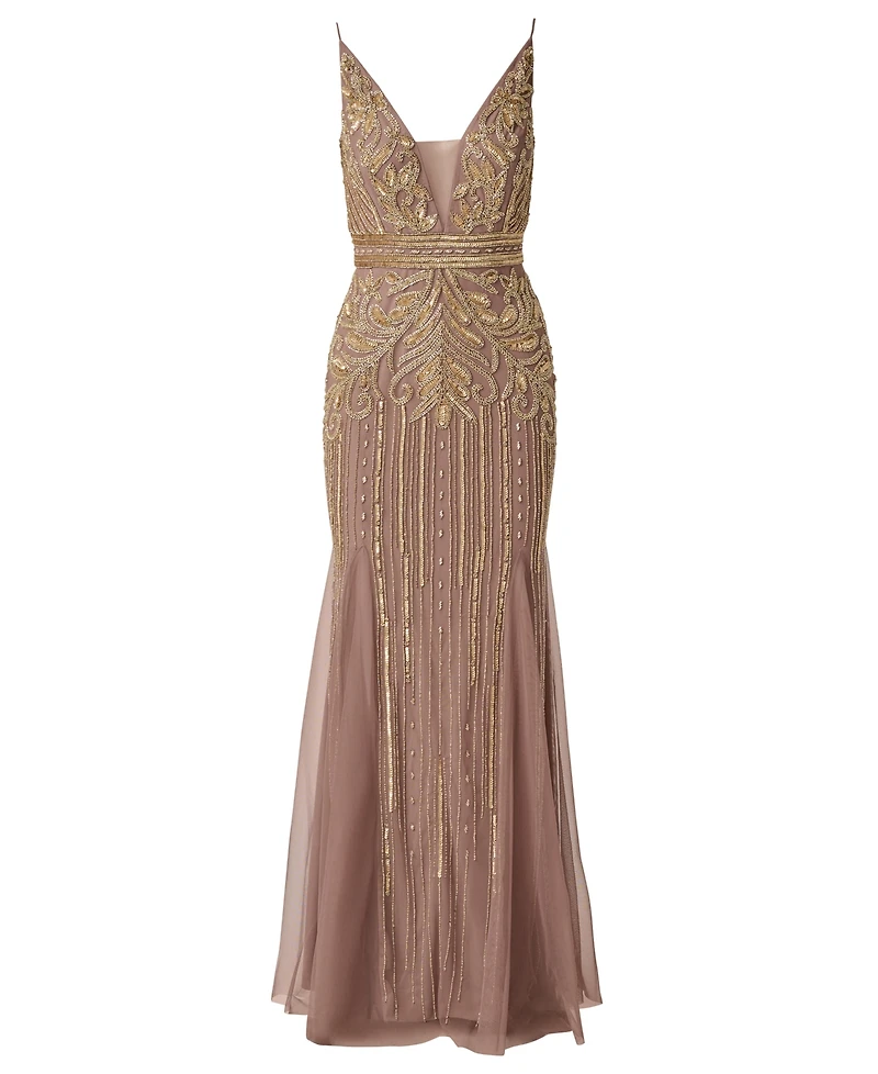 Adrianna Papell Women's Sleeveless V-Neck Beaded Ball Gown