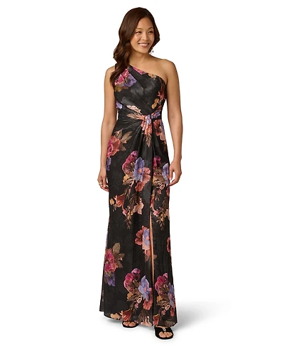 Adrianna Papell Women's Printed One-Shoulder Chiffon Ball Gown