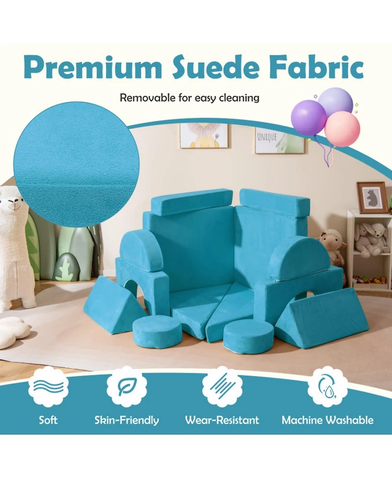 Gouun 14-Piece Modular Foam Play Couch with Velvet Suede Covers for Kids