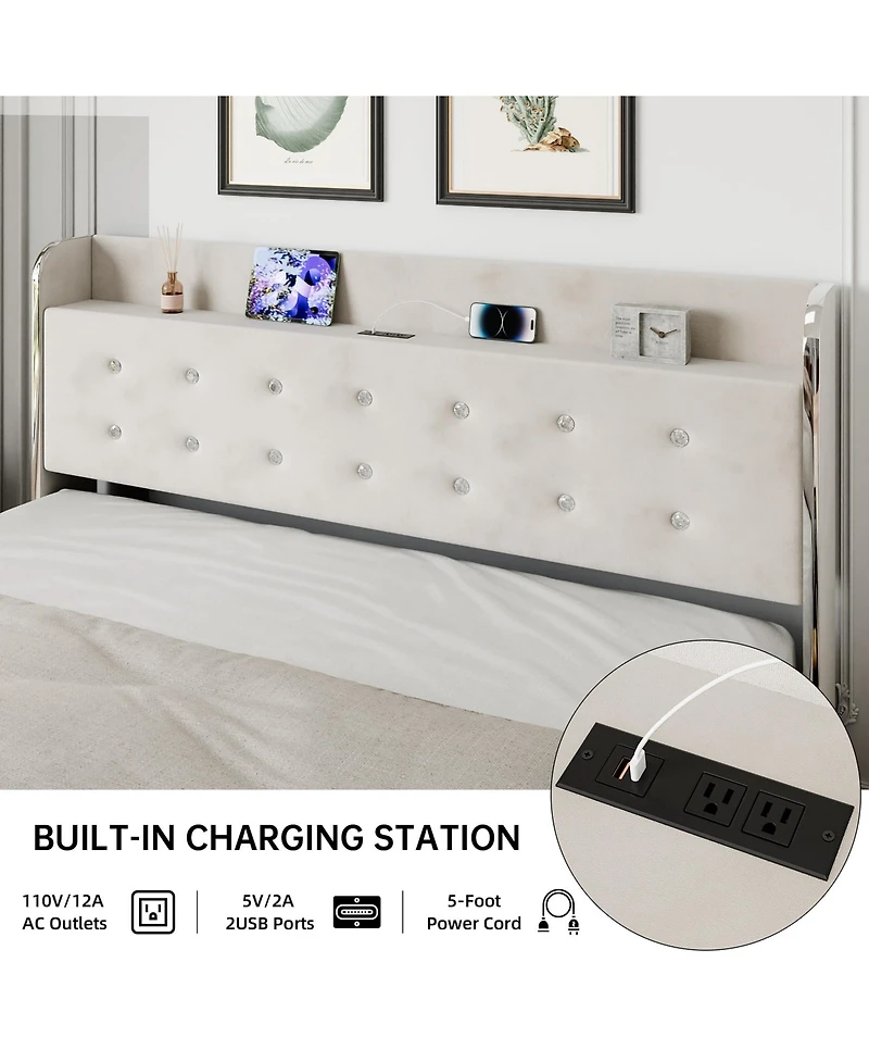 homfan Elegant Upholstered Platform Bed Frame Diamond Tufted Headboard with 4 Storage Drawers Space Saving Trundle