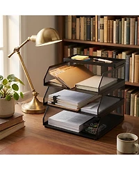 gaomon Stackable Mesh Desk Organizer, 3-Tier Metal Document Tray with Top Shelf