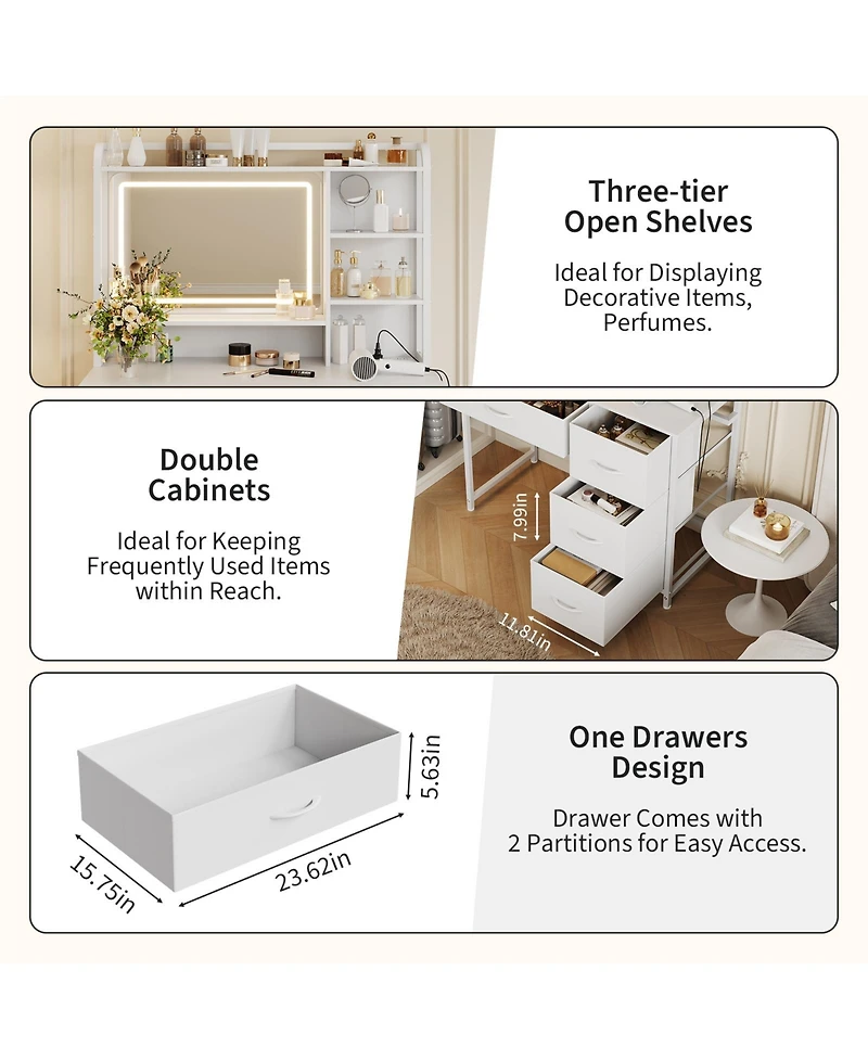 gaomon Vanity Desk with Mirror, Light, 35.4'' Makeup Vanity Table with Shelves, 4 Fabric Drawers Storage, Modern Dressing Table for Bedroom