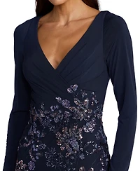 Mac Duggal Petite Navy Floral Embroidered Jersey Long Sleeve Gown