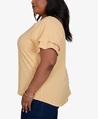 Hearts Of Palm Plus Solid Crinkle Double Flutter-Sleeve Top