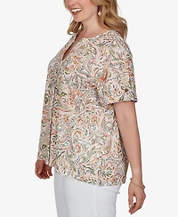 Hearts Of Palm Plus Printed Double-Button Slub Top