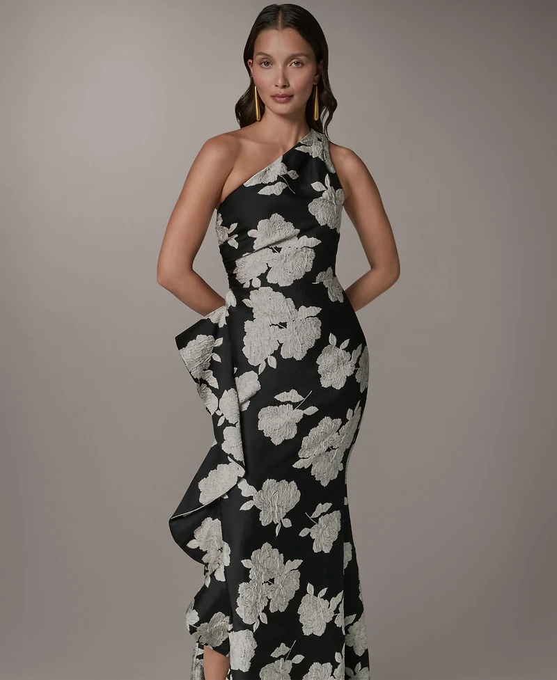 Donna Karan New York Women's Floral One-Shoulder Ruffle Evening Gown