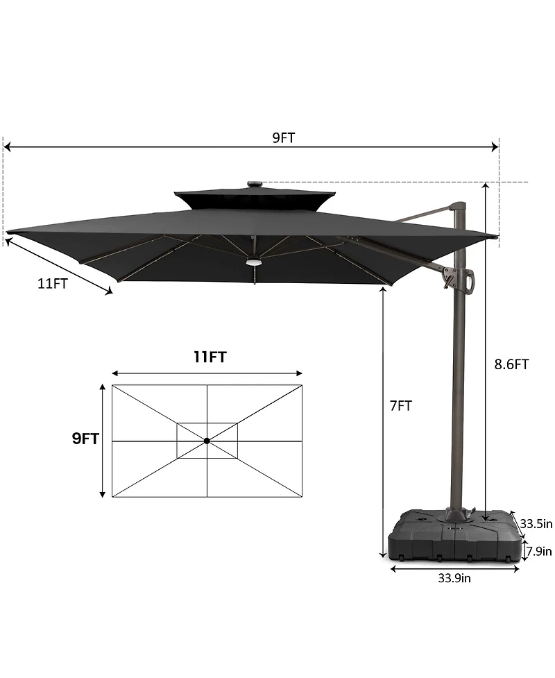 Pellebant Outdoor Patio 9x11 Ft Aluminum Double Canopy Solar Lights Cantilever Umbrella with Wheel Base