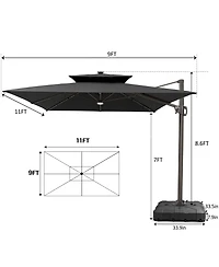 Pellebant Outdoor Patio 9x11 Ft Aluminum Double Canopy Solar Lights Cantilever Umbrella with Wheel Base